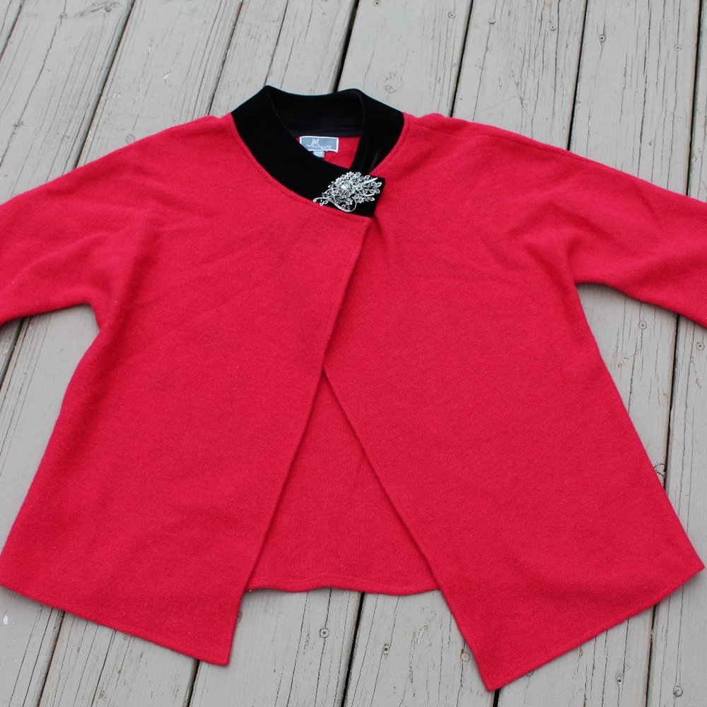 JM Collection Red Cardigan Wrap Sweater w/jeweled broach embellished Wool Size M
